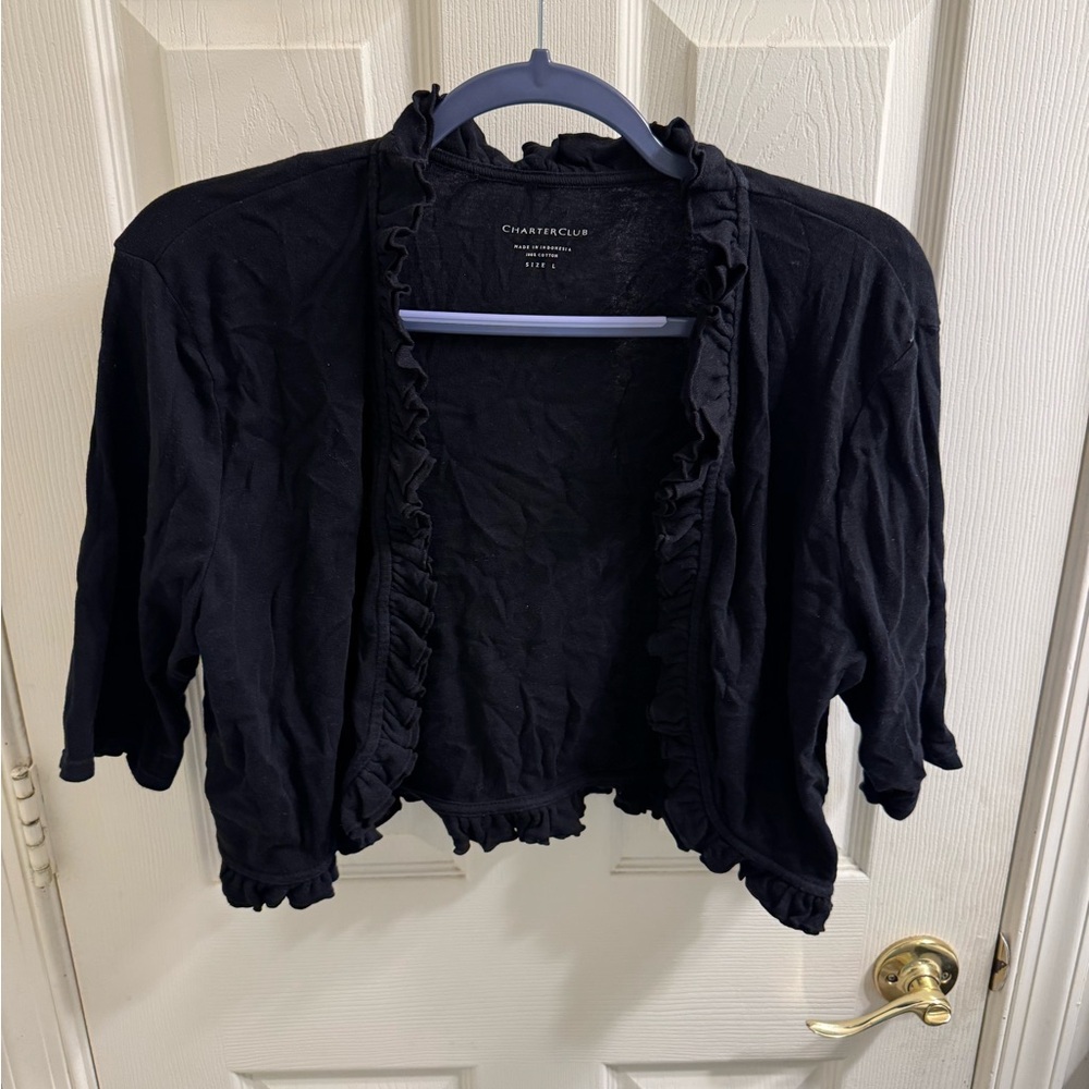 Charter Club Black Ruffled Knit Short Cardigan